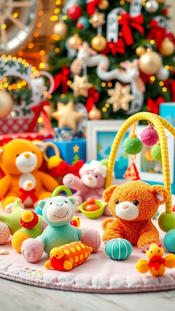 Colorful baby toys for a 3-month-old displayed with Christmas decorations.